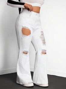 SHEIN ICON Quần Jeans Ống Loe Màu Trơn Thường Ngày Cỡ Lớn - trắng - Xem 6