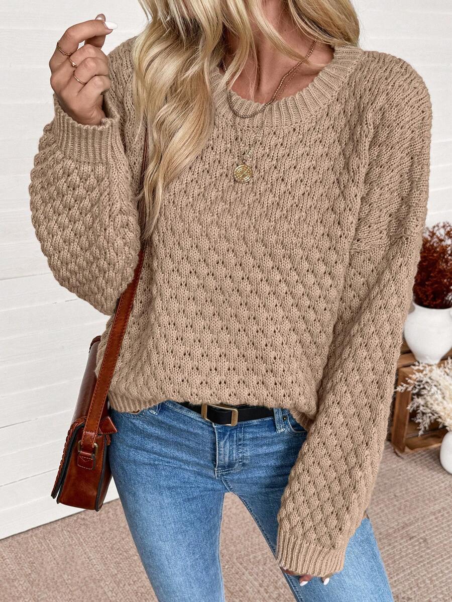 SHEIN LUNE 1pc Women Solid Color Round Neck Dolman Sleeve Oversized Sweater, Autumn/Winter Knit Pullover Fall Outfit
