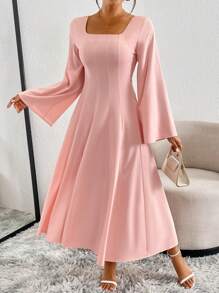 Chiquease 1 件女士纯色方领长款优雅束腰长袖连衣裙超长款女装 - 粉色 - 查看 5