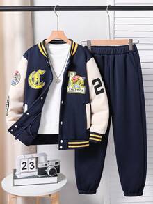 SHEIN Tween Boy 时尚多徽标印花拼色保暖衬里飞行员夹克和裤子套装 - 藏蓝色 - 查看 7