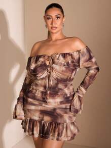 SHEIN BAE 加大码秋季甜美性感优雅女士晕染图案网眼印花单肩荷叶边褶皱迷你连衣裙婚礼宾客礼服派对礼服外出礼服镂空服装感恩节女装性感女装公主女装性感女装 - 彩色 - 查看 3