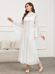 Modelyn Đầm Maxi Ả Rập dài tay xòe ren trơn màu thanh lịch, mùa thu - trắng - Xem 5