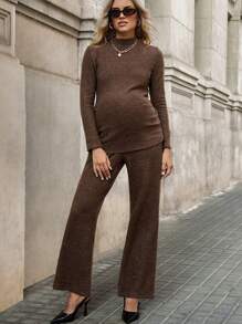 SHEIN Bộ 2 áo thun dài tay cổ đứng thoải mái cho bà bầu và quần ống loe có thể điều chỉnh ở eo - Cà phê nâu - Xem 6