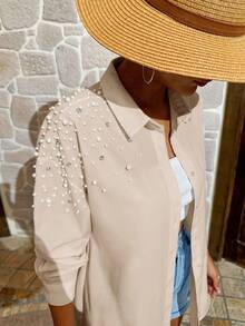 EURMUSE Pearls Beaded Drop Shoulder Shirt - Beige - View 3