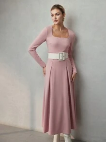 MOTF PREMIUM Einfarbiges Kleid mit quadratischem Ausschnitt, gefalteter Plissee-Glockenform ohne Gürtel - Pink - Übersicht 9