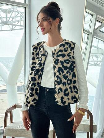 Firerie Veste de gilet décontractée en peluche peau de léopard à simple boutonnage pour femmes, automne/hiver