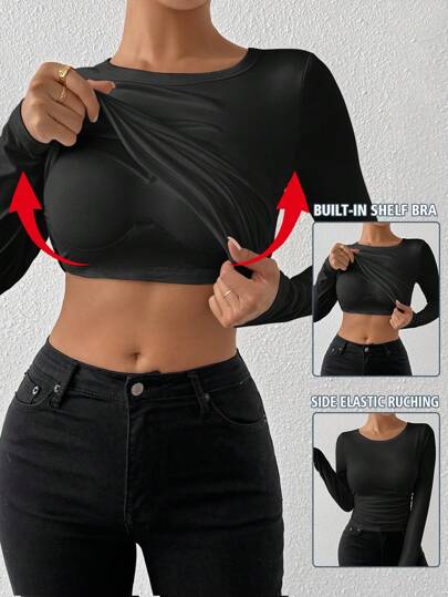 EMERY ROSE Women Casual Round Neck Tie Front Fitted Long Sleeve T-Shirt, Autumn Crop Top Long Sleevelong Sleeve Crop Topscropped Manga Longalong Sleeve Crop Top Fall Cloth For Women