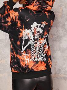 Zolique Casual Flame Orange Black Knitted Long-Sleeved Hoodie With Large Pockets Thick Autumn/Winter Daily Back Offset Halloween Skull Themed Party Ladies Hoodie Pullover Fall Sweatshirt - Black - View 2