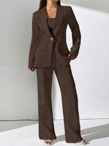 Calvaya Conjunto elegante de chaleco corto con cuello de chal y pantalones de traje de unicolor para mujer, otoño e invierno
