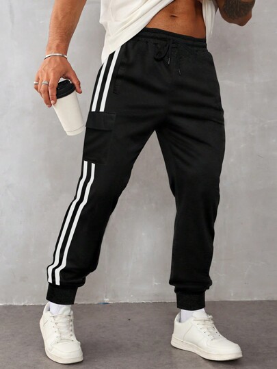 Manfinity Sporsity Herren gestreifte Jogginghose mit Klettverschluss-Seitentasche und Kordelzug-Taille, als Geschenk für Ehemann oder Freund