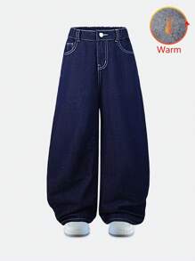 Quần Jeans Denim Ống Rộng Thoải Mái, Lót Nhiệt, Cổ Điển, Thoải Mái, Dành Cho Bé Trai Tuổi Teen Mùa Thu Đông - Rửa tối - Xem 1