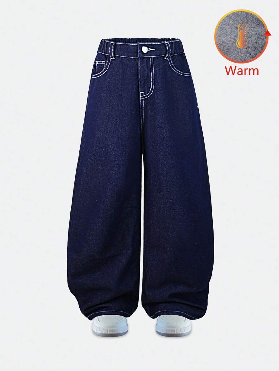 Quần Jeans Denim Ống Rộng Thoải Mái, Lót Nhiệt, Cổ Điển, Thoải Mái, Dành Cho Bé Trai Tuổi Teen Mùa Thu Đông - Rửa tối - Xem 1
