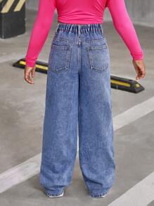 SHEIN Explorewe Tween Girls 新款时尚 Y2K 水钻耀眼宽腿宽松牛仔裤，适合日常休闲城市散步和户外穿着 - 中等水洗藍 - 查看 2