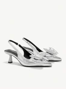 CUCCOO CHICEST Scarpe con tacco basso a punta con fiocco argento e cinturino posteriore, adatte per casual, feste, vacanze, primavera, Easter, Prom, Natale