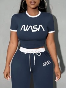 SHEIN SXY Summer;2pcs/Set Rose Pink Comfy Contrast Trim Sporty Outfit - Fitted Short Sleeve T-Shirt & Relaxed Wide Leg Pants - Navy Blue - View 6