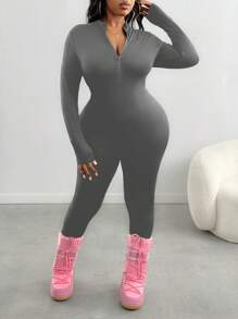 SHEIN SXY Plus Size Women's Autumn Letter Graphic Zip-Up Half-Placket Casual Jumpsuit, Suitable For Daily Wear - Grey - View 6