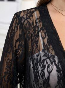 SHEIN Clasi 大码纯色中长袖蕾丝透明夹克，休闲日常穿着 - 黑色 - 查看 7