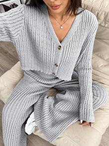SHEIN EZwear 女士纯色 V 领前扣长袖上衣和裤子针织套装 - 黑色 - 查看 2