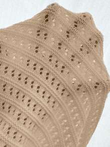 SHEIN Unity 女士纯色镂空针织灯笼袖前系带轻质开衫 - 杏色 - 查看 7