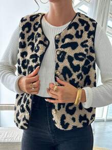 Firerie 女式单排扣豹纹泰迪羊毛休闲背心夹克，秋冬 - 彩色 - 查看 4