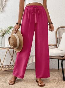 Chiquease Quần dài suông thẳng, có dây rút, họa tiết nhăn thời trang xuân/hè - Màu Hồng Tươi - Xem 4