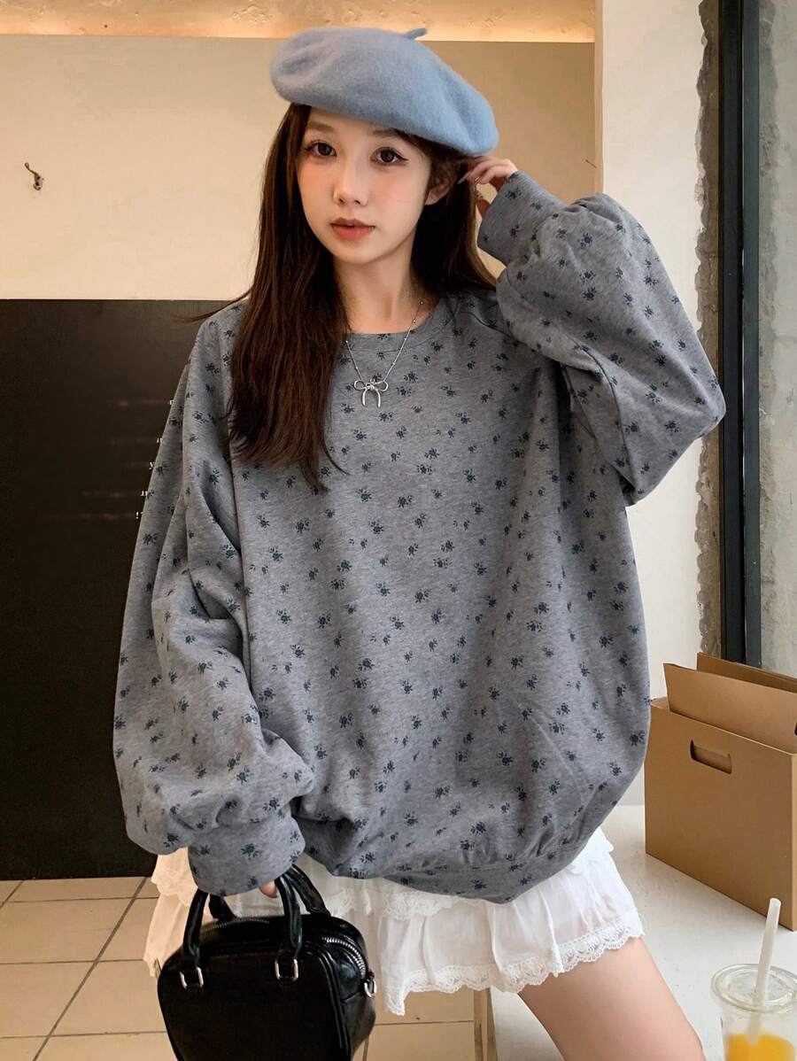 DAZY 女士超大款套头印花卫衣，秋季女装 - 灰色 - 查看 1