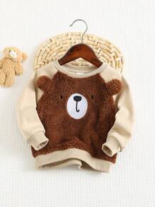 Cozy Pixies 男婴撞色熊图案羊毛加厚圆领插肩袖套头衫 - 棕色 - 查看 3
