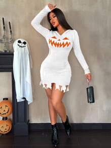 Zolique New Sexy Hollow Out Cut Fringe Hooded Pumpkin Teeth Pattern Orange Bodycon Sweater Dress For Halloween Fall Winter Cloth For Women
