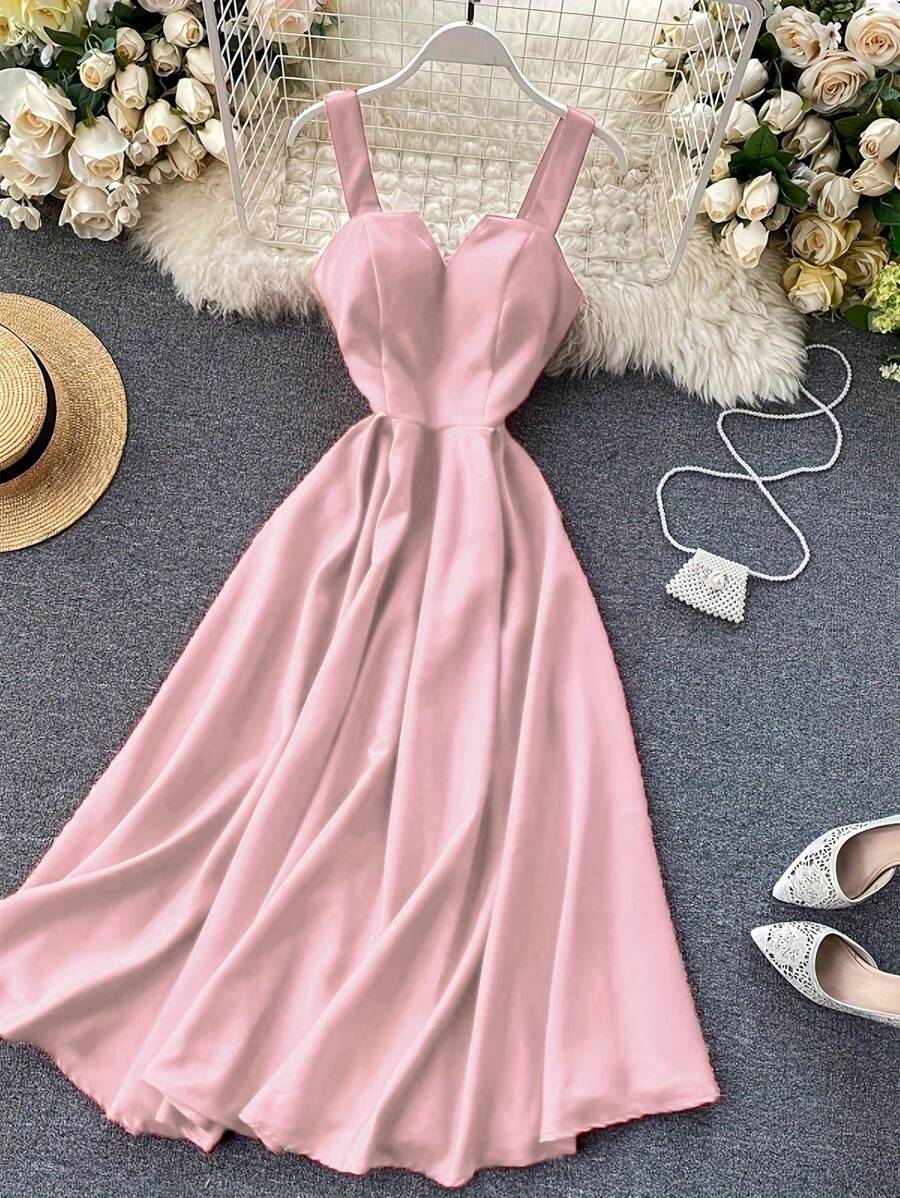 SHEIN Clasi 女士 V 领露背吊带裙 - 纯色、简约、优雅、高贵的长款女装 - 粉色 - 查看 1