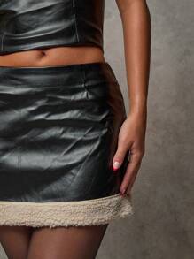 SHEIN BAE Fall Skirts Vintage Distressed Leather Black Stitching Mini Skirt,Halloween Costumes