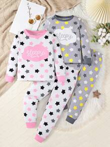 Conjuntos a juego para hermanos (se venden por separado 2 sets) Conjunto de pijama de 2 piezas de niña joven con pantalón largo y top de manga larga con estampado minimalista de estrellas en un diseño cómodo y ajustado - Rosa - Ver 9