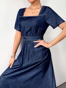 Modelyn Đầm xếp ly cổ vuông tay ngắn cài nút sau cho nữ thường ngày xuân/thu mặc thường ngày/du lịch/ngày lễ/nghỉ mát/tiệc tùng - Màu xanh lam - Xem 3