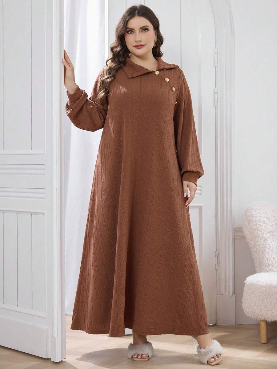 Al Najma Plus Size Women Asymmetric Neck Button Detail Long Sleeve Dress, Casual Modest Tee Maxi Dresses, For Casual Daily - Brown - View 1
