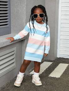 SHEIN 年轻女孩休闲条纹拼色爆米花针织拼接宽松毛衣连衣裙 - 彩色 - 查看 6