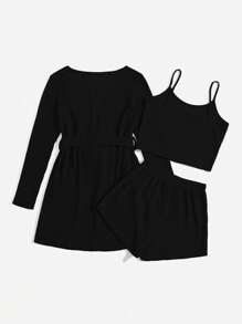 SHEIN 3pcs Women Casual Lounge Set: Solid Color Ribbed Robe & Cami Top & Shorts Cozy Outfit, Fall Winter Clothes - Black - View 2