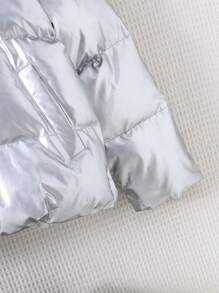 SHEIN Tween Girls Metallic Coated  Padded Short Stand Collar Jacket, Fashionable Streetwear, Casual, Personalized