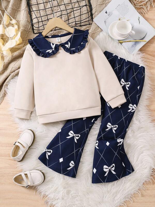 SHEIN Young Girls Casual All-Match Elegant Ruffle Collar Khaki Sweatshirt + Butterfly Print Flare Pants Set, Suitable For Autumn/Winter, Daily Wear And Formal Occasions