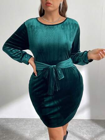 SHEIN Privé 大码收腰天鹅绒长袖圆领迷你连衣裙