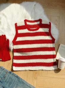 Comfortcana 大码圆领无袖红白条纹针织休闲上衣 - 彩色 - 查看 3