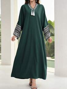 Al Najma Vestido árabe de manga murciélago con estampado geométrico, de manga larga, informal y modesto para el otoño, tipo kaftan