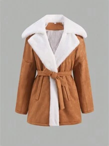 Áo khoác đệm tay dài màu trắng cổ lông cỡ lớn màu kaki cho bé gái tuổi teen, mùa đông - Màu Khaki - Xem 1