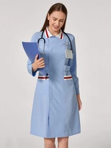 TaskEZ Uniforme de trabajo para mujer de manga larga ajustado con bloques de color y bolsillo