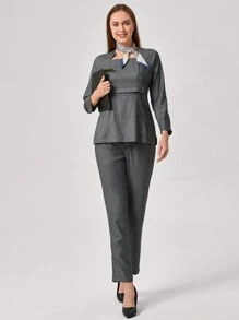 TaskEZ Conjunto de uniforme de trabajo con camisa de manga raglán y pantalones de unicolor, con lazo decorativo en el lateral, blusa de manga corta y pantalones en conjunto de 2 piezas. Traje profesional elegante para damas en oficina, recepción de hotel, salón de belleza, técnica de uñas. Ropa de trabajo
