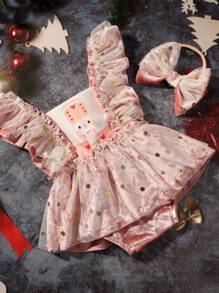 SHEIN Newborn Baby Girls Photography Prop - Polka Dot Mesh Romper With Headband, Baby 1 Month Photoshoot Outfit