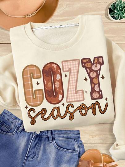 INAWLY Dames plus size Cozy Season sweatshirt met ronde hals en letterprint, pullover voor de herfst/winter.