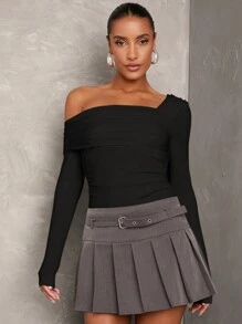 SHEIN BAE Women White Solid Asymmetric Neck Gathered Long Sleeve Bodysuit, Casual Wear