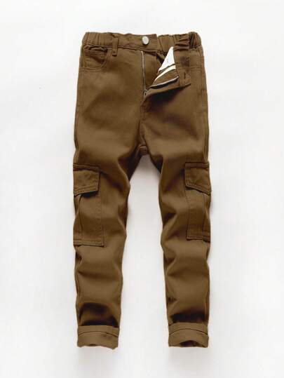 SHEIN 青少年男童口袋休闲多功能牛仔裤，适合学校、校园、学院风秋冬穿着