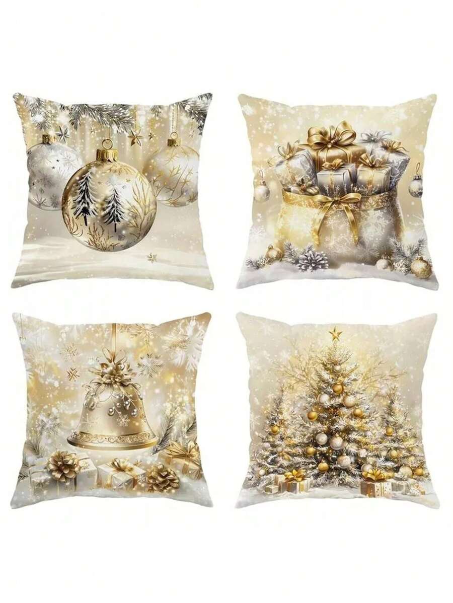 4pcs Set Pack White Gold Xmas Christmas Throw Pillow Cushion Case Cover Decor - Multicolor - View 1