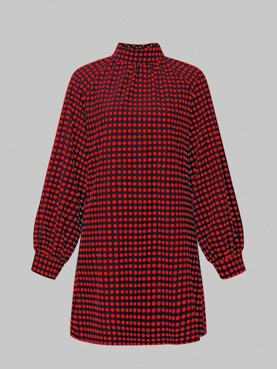 Chiquease Elegant Polka Dot Print Stand Collar Lantern Sleeve Dress For Spring And Summer - Burgundy - View 1