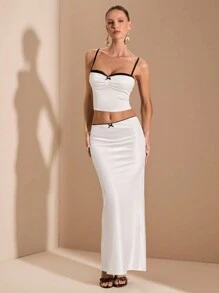 SHEIN BAE Women 2pcs Set:Black And White,Summer,Elegant,Seductive,Night Out Ruched Camisole Backless Satin Top,Low-Waist Mermaid Hem Mini Skirt,Halloween Party - Black and White - View 5
